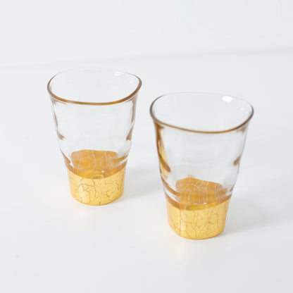 Top view of small gold sake cup set with Kanazawa leaf, handcrafted Japanese sake glasses
