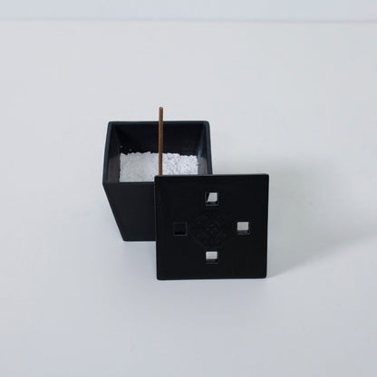 Top view of PORCELAIN INCENSE BURNER BLACK with incense stick - Sophisticated ceramic incense holder for Japandi decor