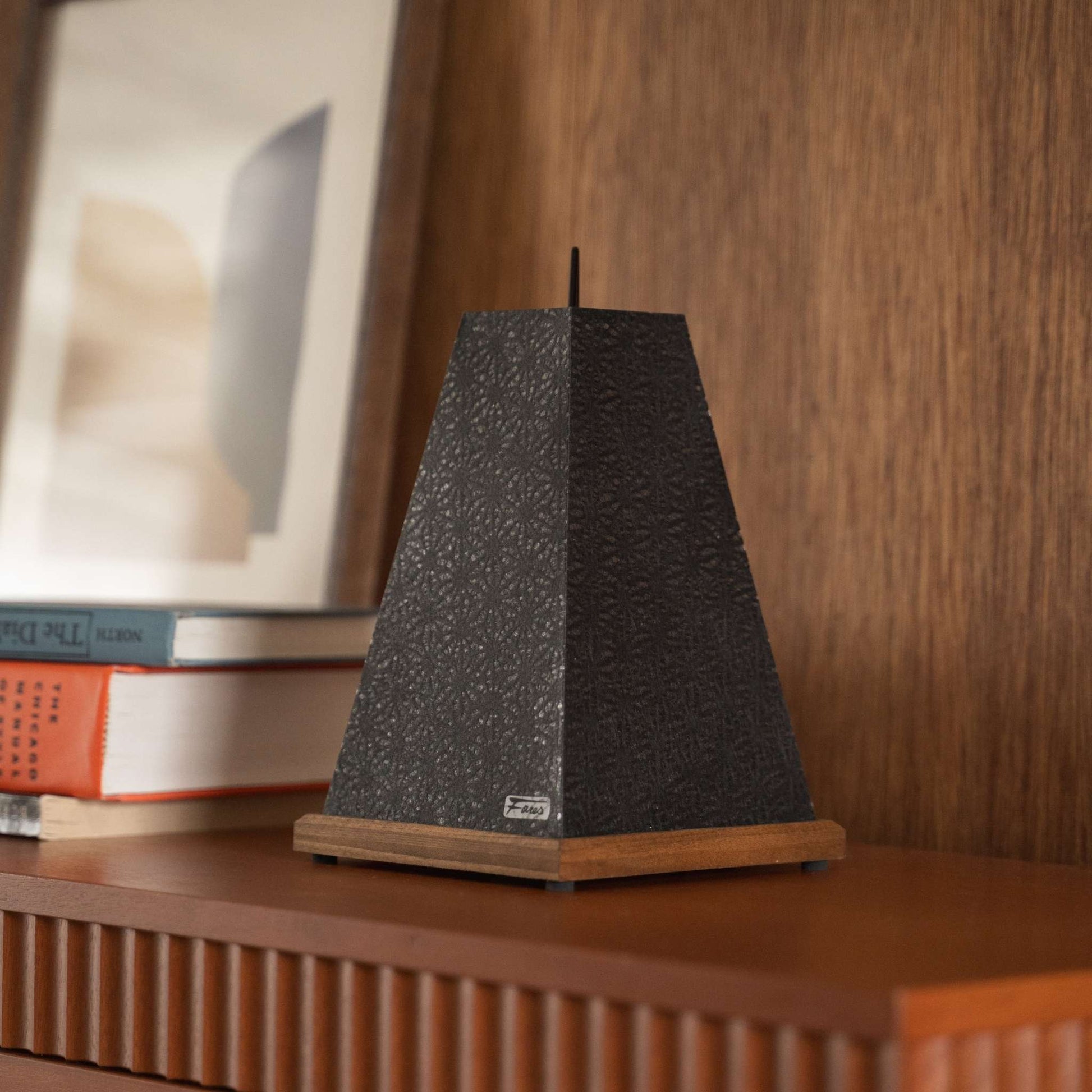 Close-up of unlit Japanese paper table lamp "Mini Akari" Black highlighting the wooden base and delicate paper details.