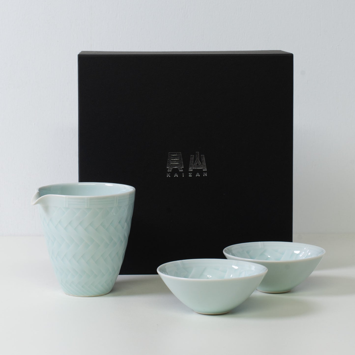 Service à saké en porcelaine tressée, bleu glacier - Service à saké japonais avec coffret noir pour cadeau