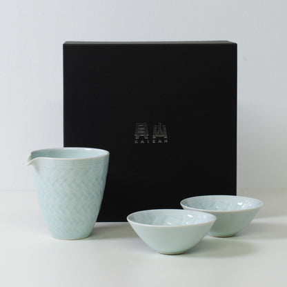 Service à saké en porcelaine tressée, bleu glacier - Service à saké japonais avec coffret noir pour cadeau