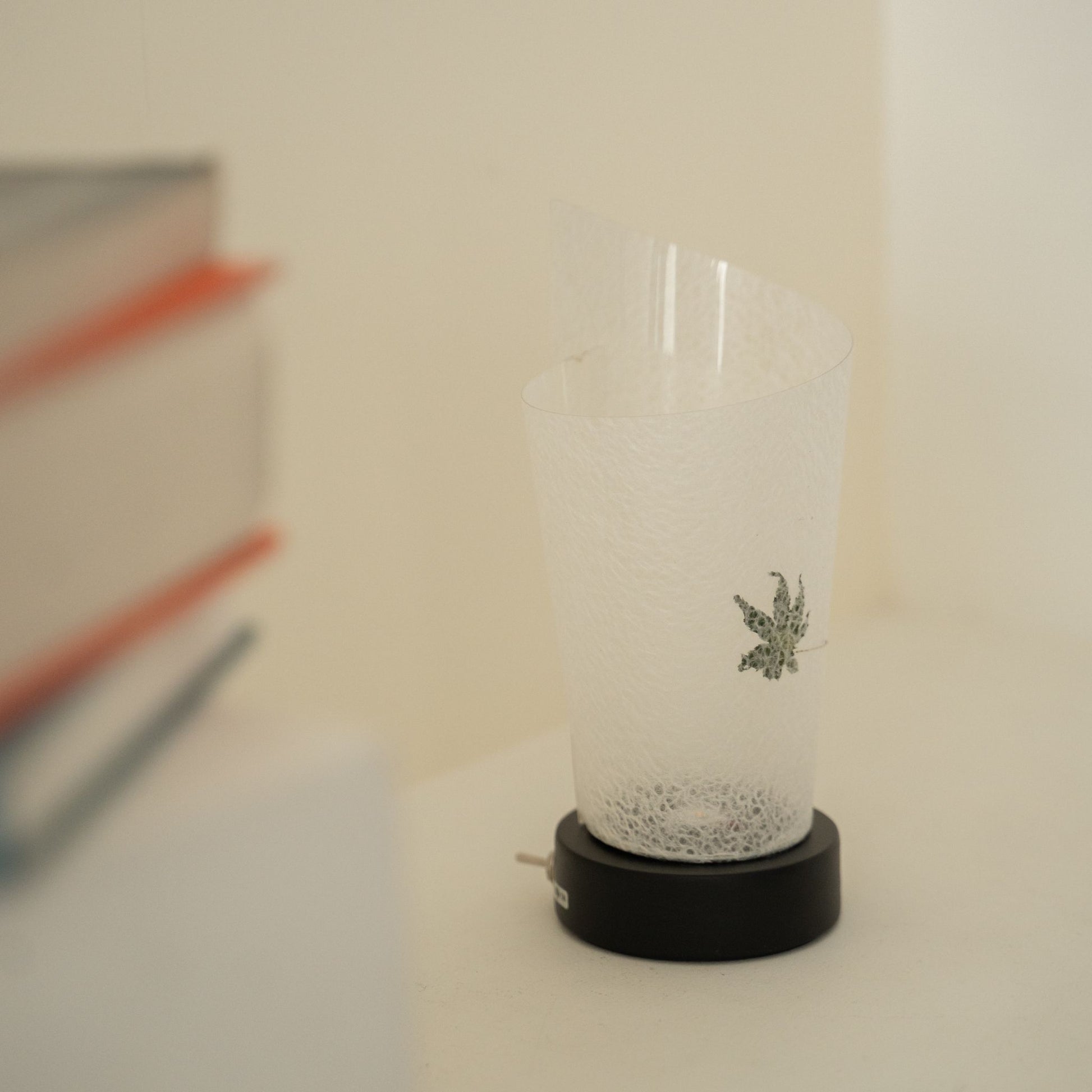 Gros plan d'une lampe de table japonaise en papier non allumée "Maki" Feuille d'érable, mettant en valeur son design roulé et sa texture de papier naturelle pour une décoration wabi sabi.
