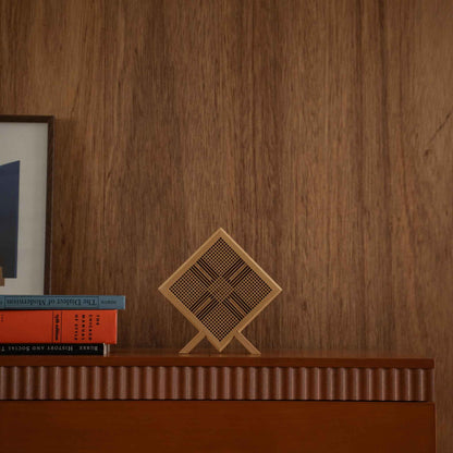 Unlit Japanese wood table lamp "Kanata" showing fine Kumiko woodworking on a mid-century modern console table.