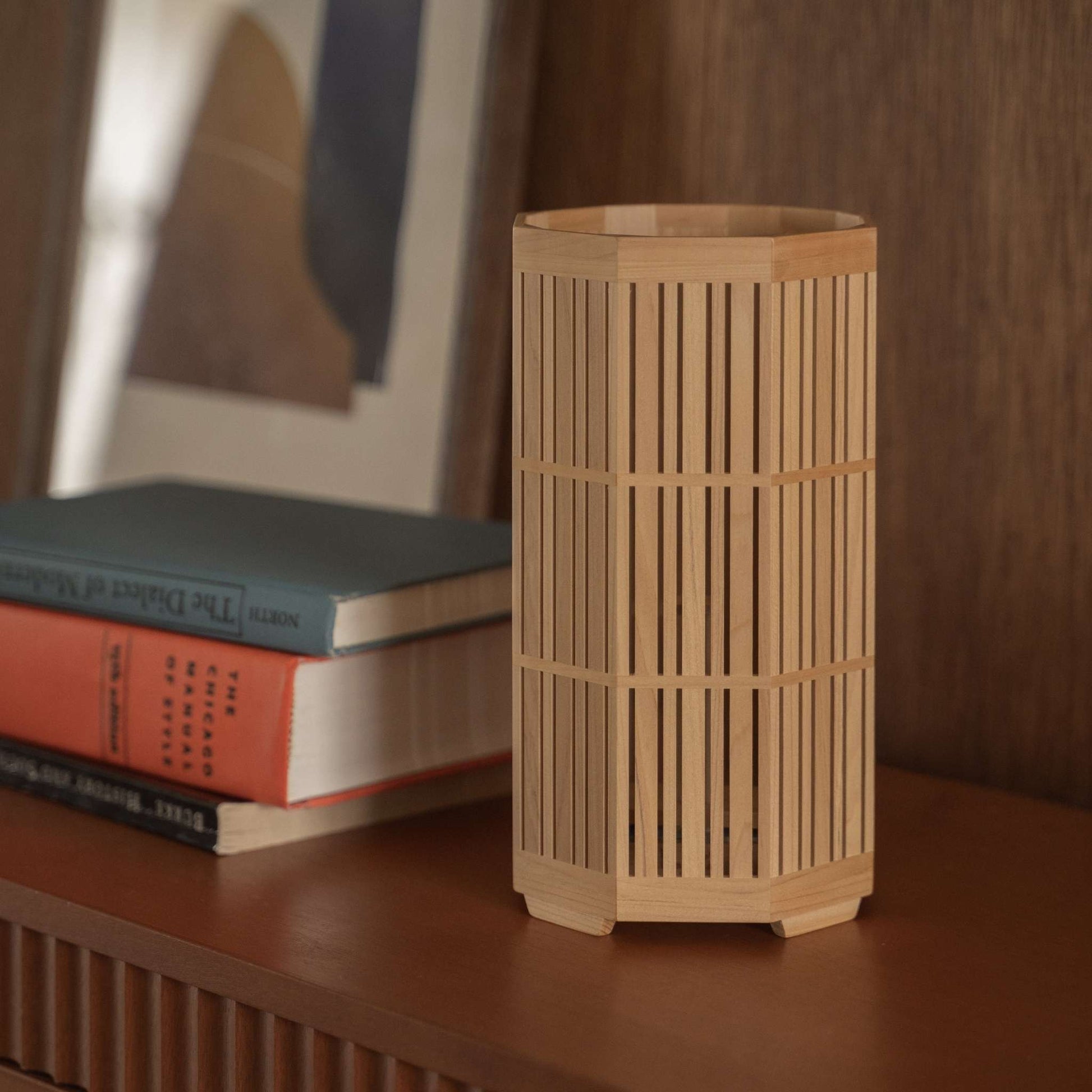 Close-up of Japanese wood table lamp "Kagayaki" standing as a wabi sabi decor  on a mid-century modern style console table.