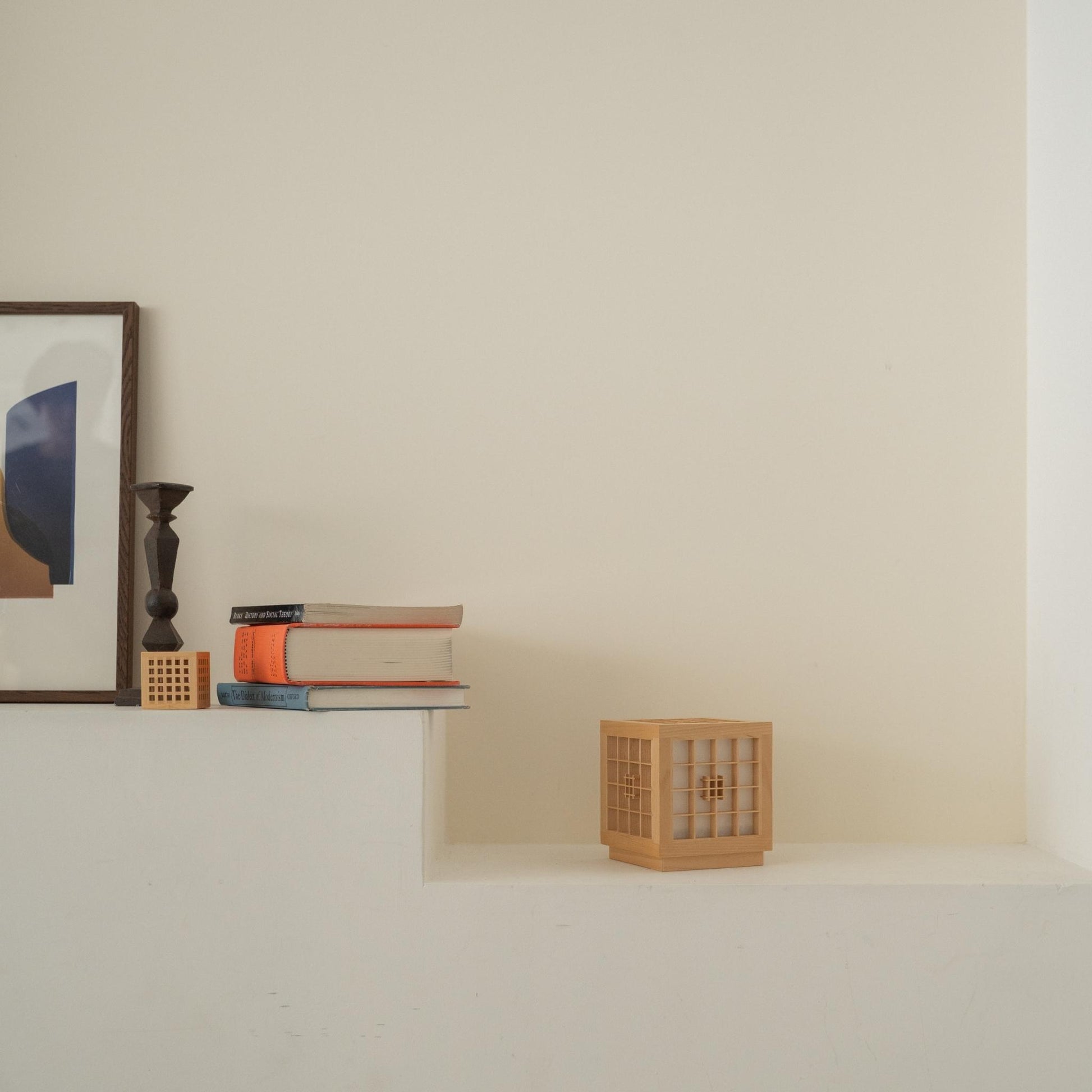 Unlit Japanese Wood Table Lamp "Honoka" styled on a white living room console to enhance a minimalist Japandi aesthetic.