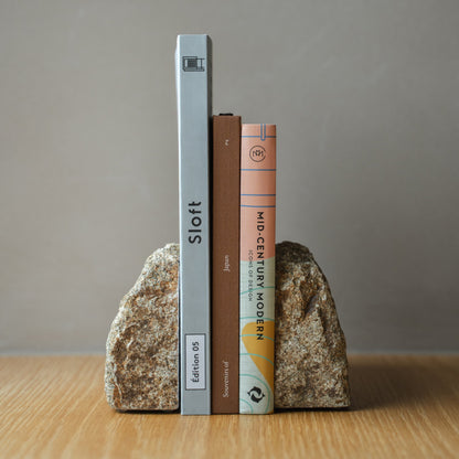 Japanese Aji Stone Book End Small in natural stone styled in a interior space, interior scene view.
