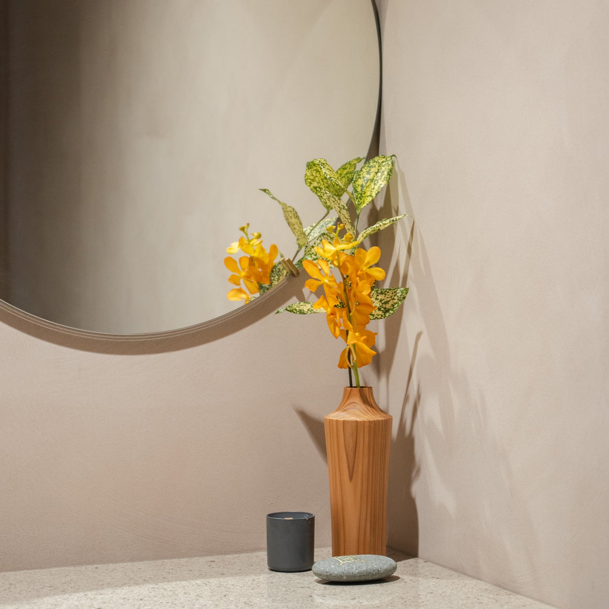 Japanese Cedar Ikebana Vase Natural Wood 02 in brown styled in a entryway setting, entryway scene view.
