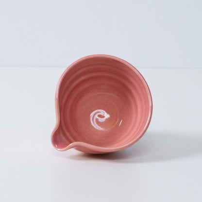 Japanese matcha bowl with spout "Omuro Cherry" pink pottery from Japan, featuring an engraved artisan seal on the side.