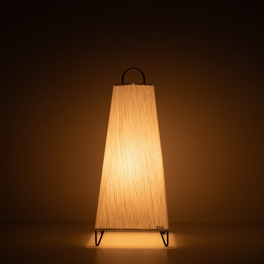 Japanese Paper Floor Lamp ORI Small, white, Mino Washi paper - lit tall Japandi style paper lamp casting a warm glow.