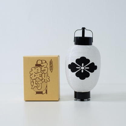 "Traditionele bloemen Japanse papieren lantaarn met diamanten patroon, staand naast de geïllustreerde kartonnen verpakking."