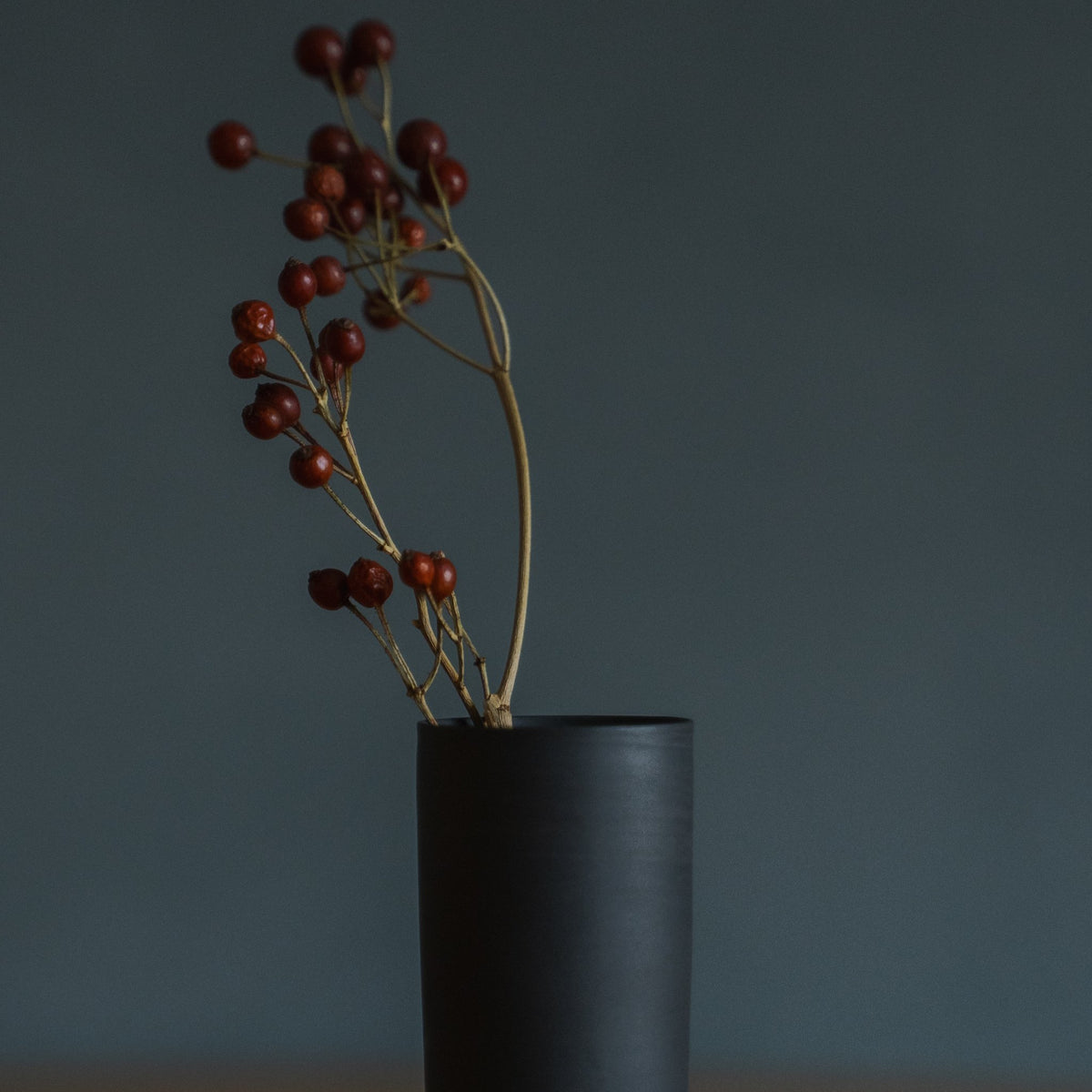 Japanese Single Flower Vase "Cylinder" in black styled in a styled room, detail lifestyle view.