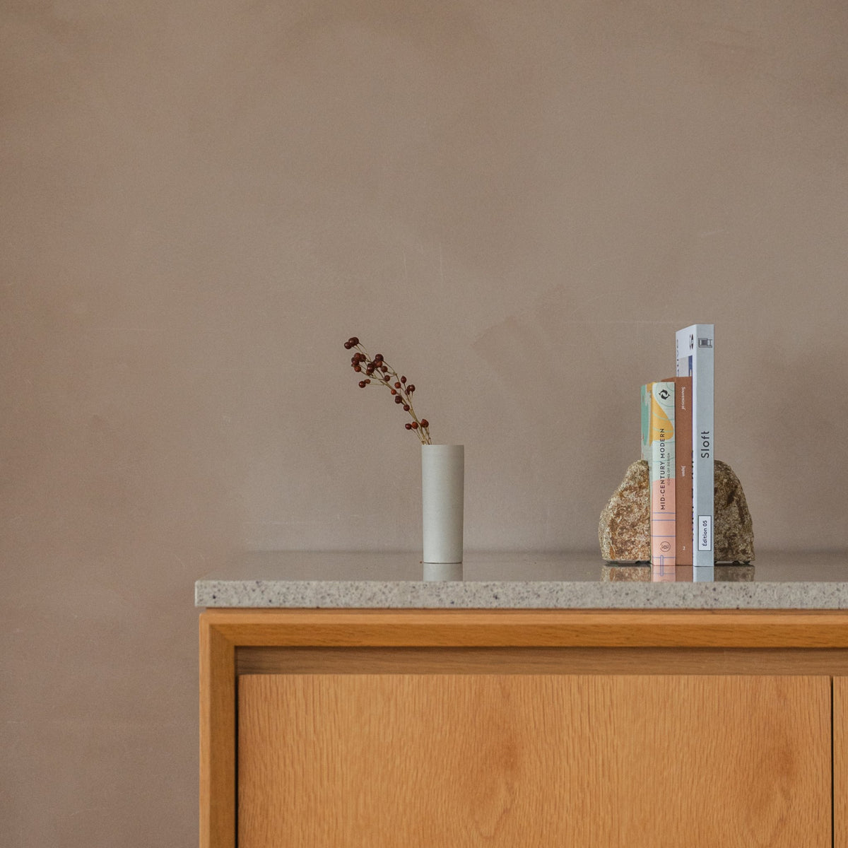Japanese Single Flower Vase "Cylinder" in white styled in a console table setting, console scene view.