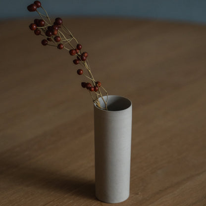 Japanese Single Flower Vase "Cylinder" in white styled in a styled room, detail lifestyle view.