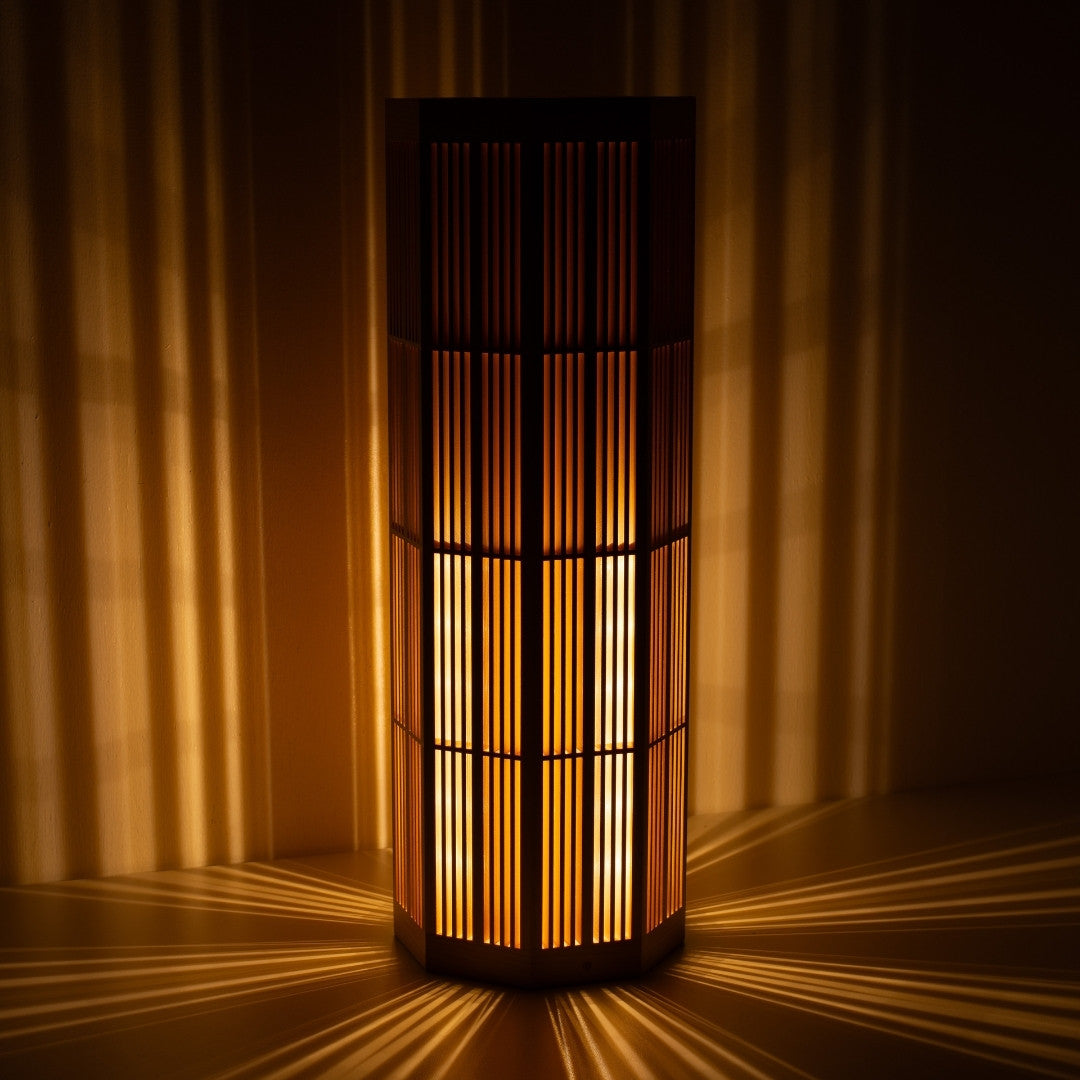 Japanese Wood Floor Lamp SAN Large, Natural, Aomori Hiba - Wood Lamp for Japandi Living Room