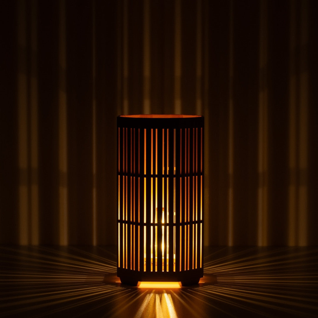 Japanese Wood Table Lamp Kagayaki, Natural, Aomori Hiba - Ambient Lamp with Radial Shadows