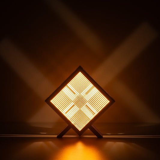 Japanese Wood Table Lamp Kanata, Natural, Aomori Hiba - Ambient Lamp with X-shaped Shadow Art