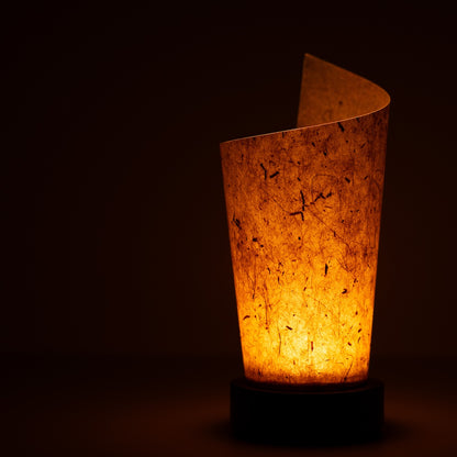 "Lampe de table japonaise en papier « Maki » écorce de cèdre, papier washi brun de Mino - Gros plan de la lampe de table wabi sabi illuminée montrant la texture"