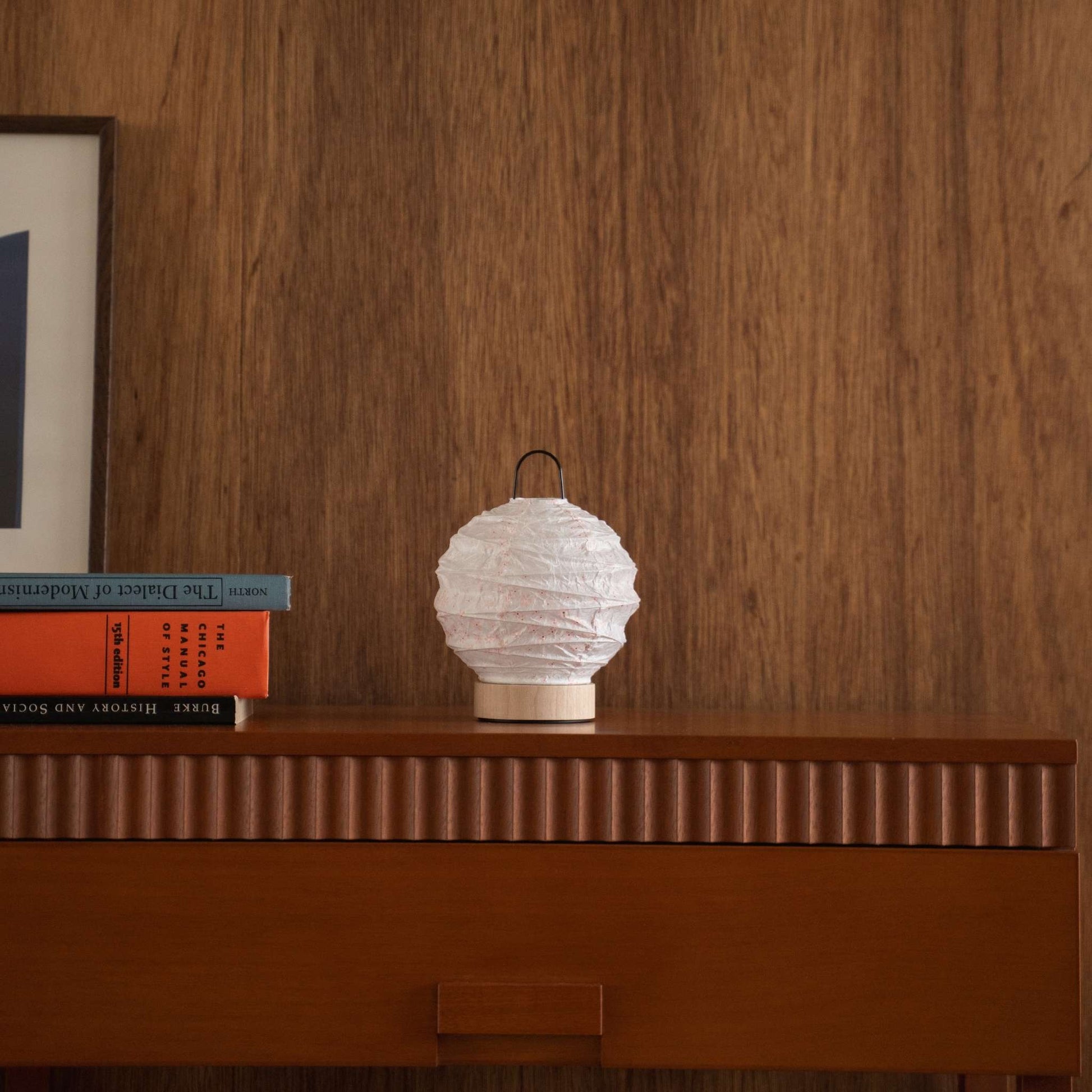 Unlit Japanese paper lamp with sakura patterns styled on a mid-century modern wooden console table.