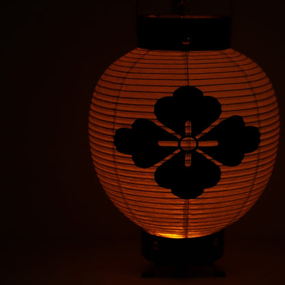 Close-up van een Japanse washi-papieren lantaarn met een bloemenwapenschild dat oplicht in een donkere ruimte voor een rustige sfeer.
