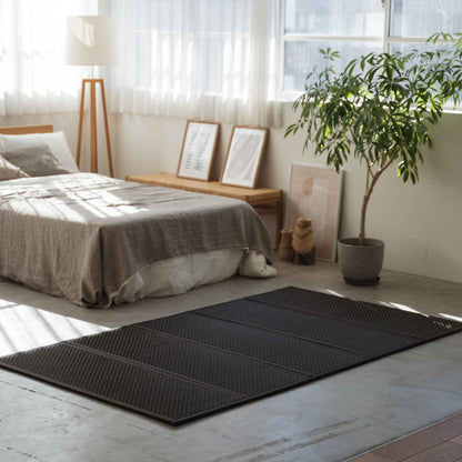 Sort semidobbelt tatamimåtte på et betongulv i soveværelset, der giver et moderne zen-fundament for en futon.