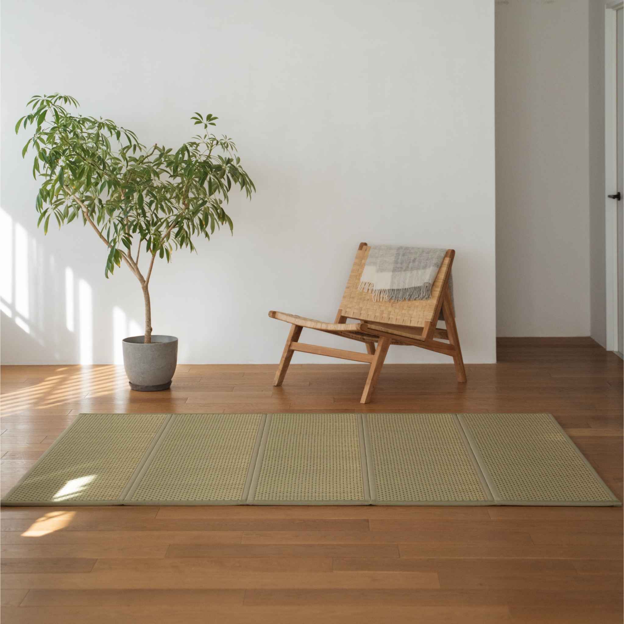 Grøn halv-dobbel tatami måtte placeret på et trægulv ved siden af en stol og en plante til minimalistisk japansk indretning.