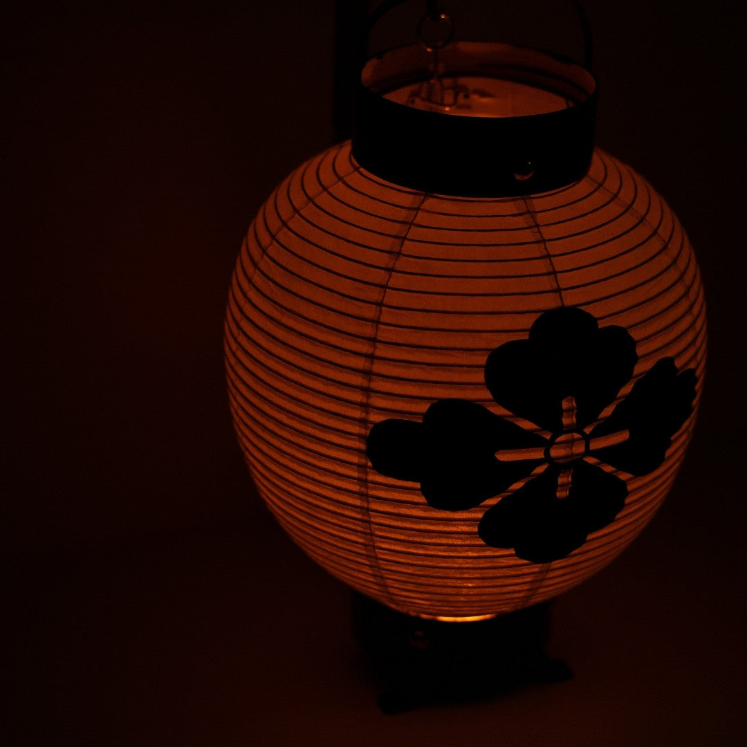 Een traditionele Japanse staande lamp van het type chochin met een zwart bloemontwerp dat zachtjes verlicht in een pikzwarte omgeving.